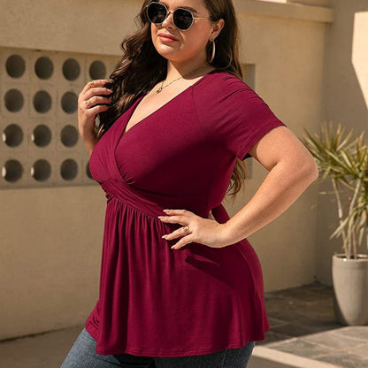 Women Fashion Casual Solid Color V-Neck Short Sleeve Plus Size Top