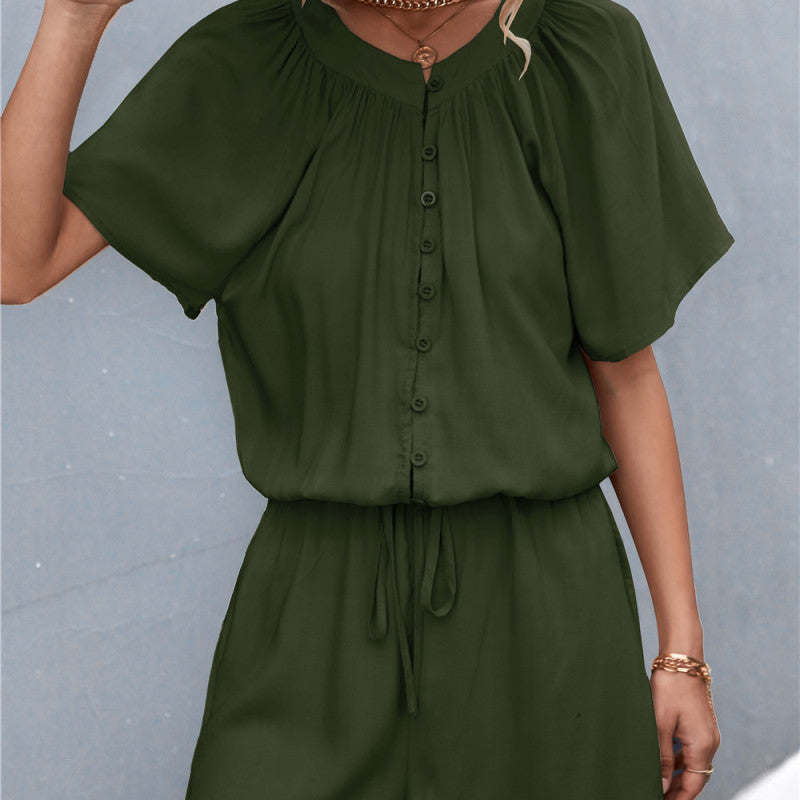 Women Solid Color Pleated Tie Button Casual Rompers
