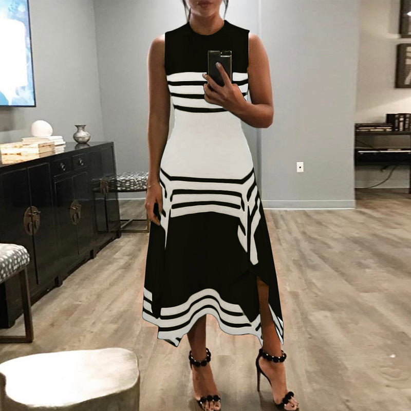 Women Elegant Casual Summer Fashion Sleeveless Round Neck Stripe Ruffled Dress