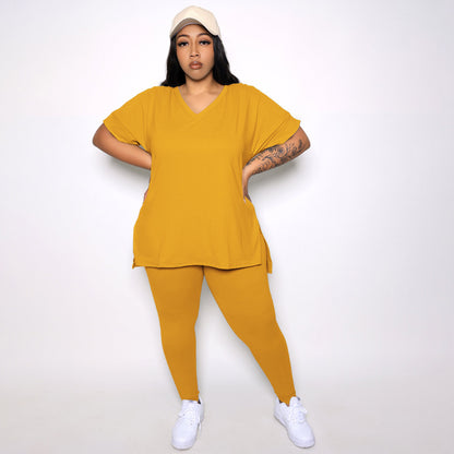 Conjunto de dos piezas para mujer, informal, de talla grande, color liso, con escote en V, camiseta holgada con abertura y pantalones ajustados