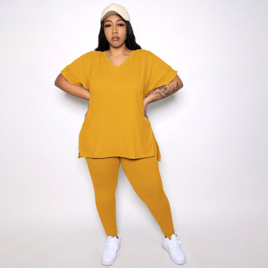 Conjunto de dos piezas para mujer, informal, de talla grande, color liso, con escote en V, camiseta holgada con abertura y pantalones ajustados