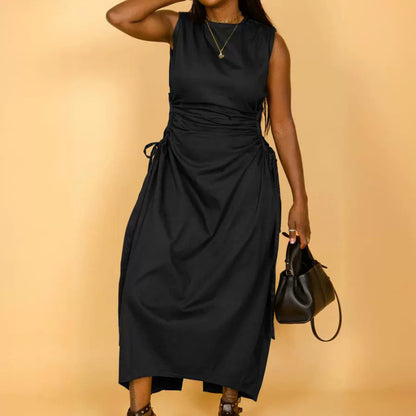 Vestido largo informal de nailon calado sin mangas de color liso para mujer, talla grande