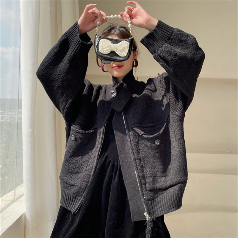 Casual Fashion Women Double Zipper Long Sleeve Knitted Sweater Coat