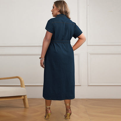 Women Fashion Casual Plus Size Lapel Short Sleeve Lace-Up Loose Denim Dress