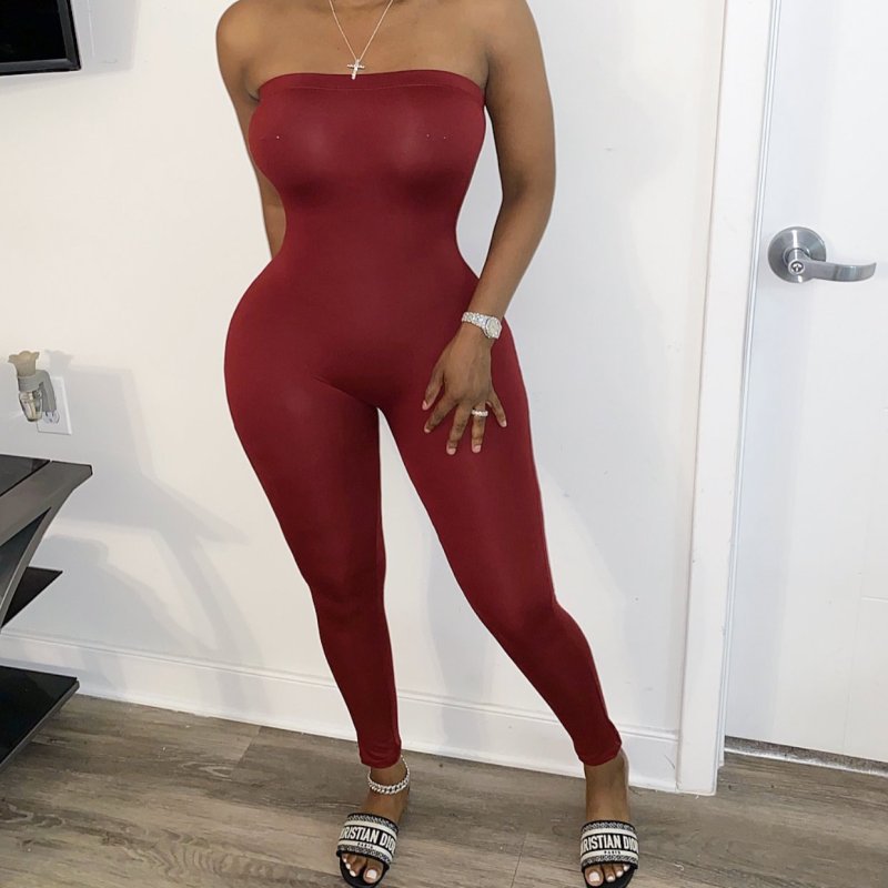 Women Casual Wrap Chest Tight Solid Color Jumpsuit
