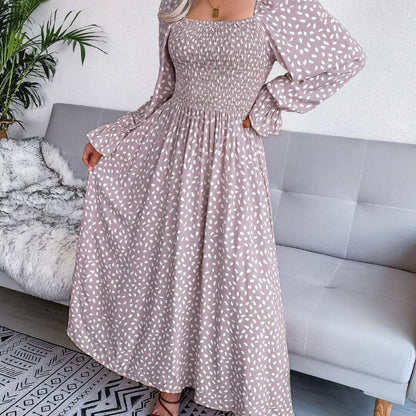 Women Fashion Casual Vacation Beach Dot Print Square Collar Long Sleeve Maxi Dress
