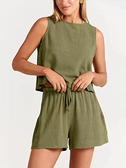 Conjunto de dos piezas formado por camiseta sin mangas y pantalones cortos de cintura alta, para mujer, estilo informal, para vacaciones de verano
