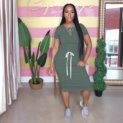 Basic Elastic Drawstring Waist Short Sleeve Solid Color Women Casual Dress