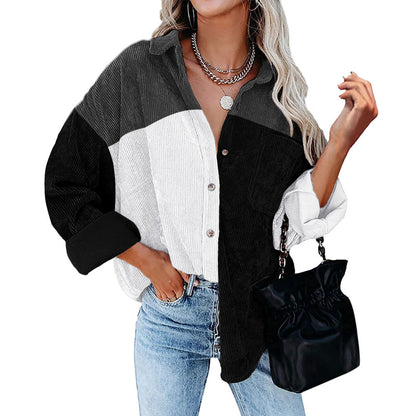 Blusa informal de manga larga con solapa y botones para mujer, con diseño de patchwork y bloqueo de color