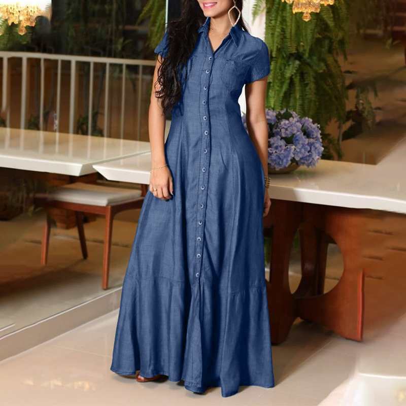 Women Fashion Casual Shirt Collar Pocket Large Dresses Denim Maxi Dress