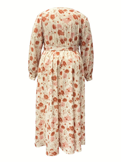 Women Fashion Casual Floral Printed Lace-Up V-Neck Long-Sleeved Irregular Plus Size Dress