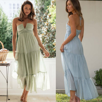 Vacation Women Casual Tiny Flower Print Backless Maxi Dress
