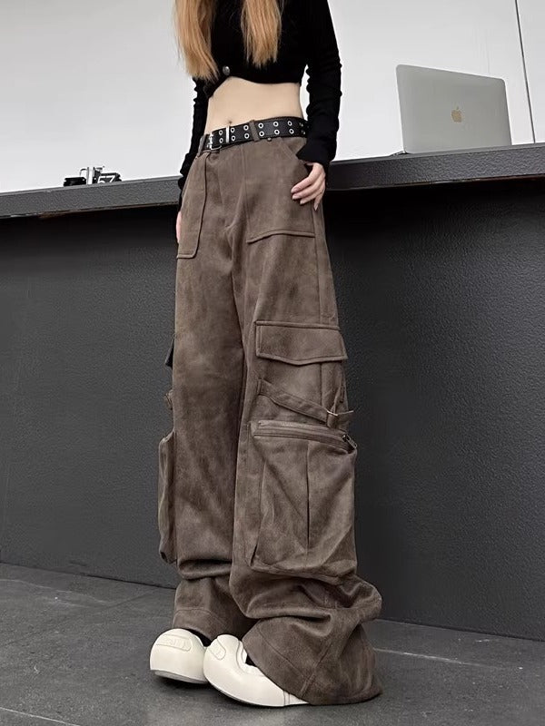 Casual Street Women Vintage Suede Biker Straight Leg Pocket Cargo Pants