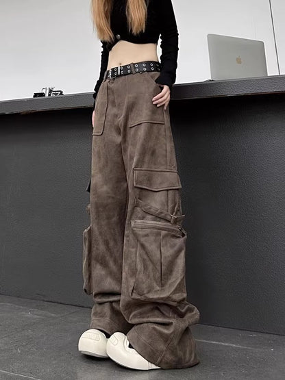 Casual Street Women Vintage Suede Biker Straight Leg Pocket Cargo Pants