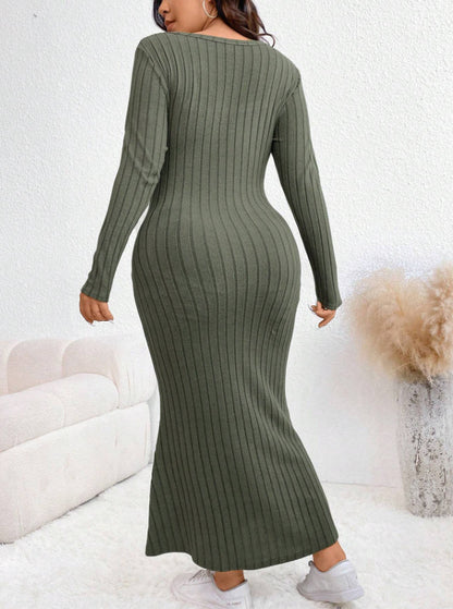 Women Fashion Casual Plus Size Square Collar Rib Knitted Long Sleeve Fishtail Dress