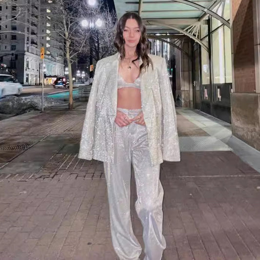 Conjunto de tres piezas de chaqueta y pantalones ajustados de manga larga con solapa y sujetador de alambre plateado informal para mujer