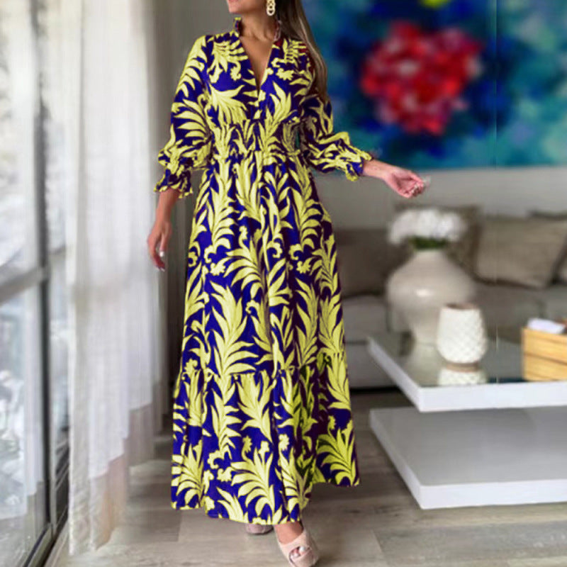 Vestido elegante informal de verano para mujer, con escote en V, estampado floral y volantes, de manga larga