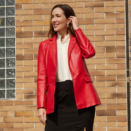 Chaqueta blazer informal de PU de manga larga con solapa de color sólido para mujer