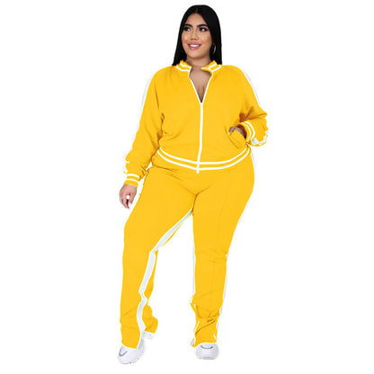 Conjunto de top y pantalón deportivo informal de talla grande para mujer, de manga larga, con cremallera y bloques de color