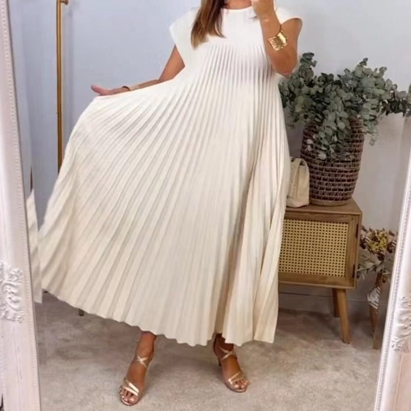 Women Fashion Casual Round Neck Short Sleeve Pleated Maxi Dress