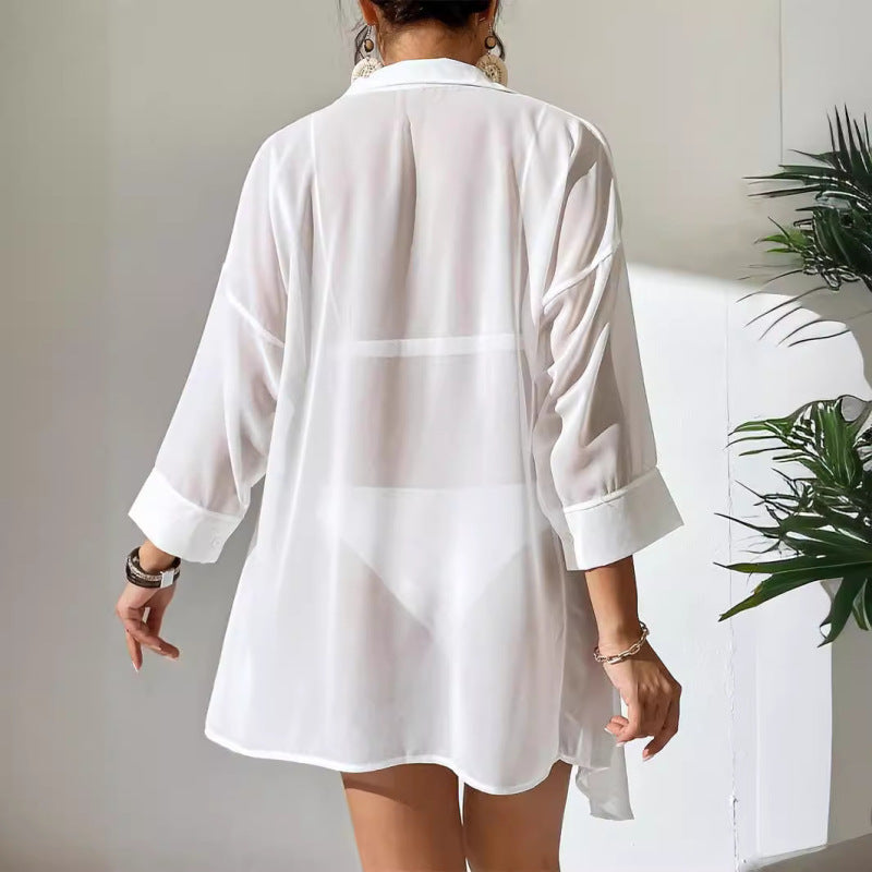 Women Casual Perspective Chiffon Shirt Bikini Cover-Ups