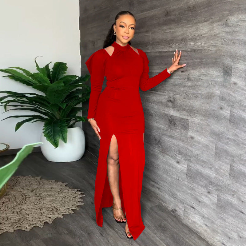 Women Fashion Casual Sexy Solid Color Cool-Shoulder Slit Invisible Zipper Maxi Dress Long Skirt With Belt