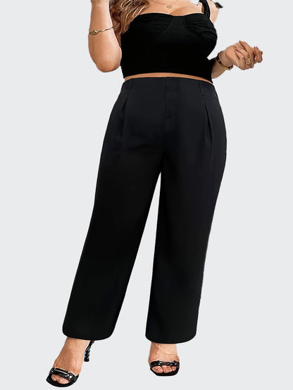 Women Casual Plus Size Solid Color High Waist Wide-Leg Pants