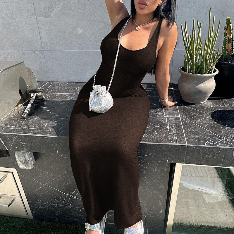 Vestido maxi ajustado liso con escote en U, básico, informal y a la moda para mujer