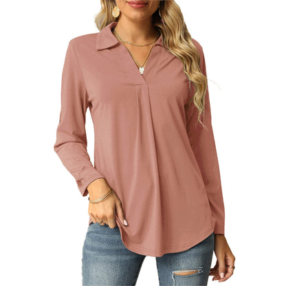 Blusa informal de manga larga con cuello en V y color liso para mujer