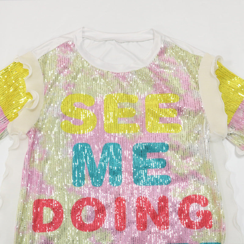 Women Casual Creative Letter Sequins Round Neck Short Sleeves Summer Dress