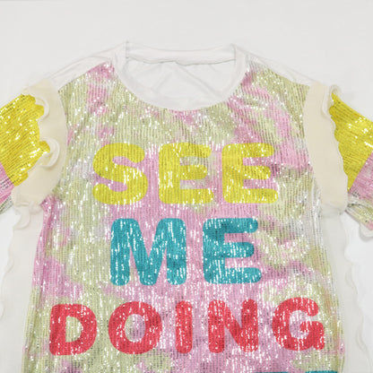 Women Casual Creative Letter Sequins Round Neck Short Sleeves Summer Dress