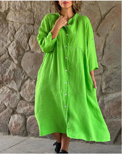 Women'S Fashion Casual Cotton Linen Solid Color Stand Collar Single-Breasted Dress