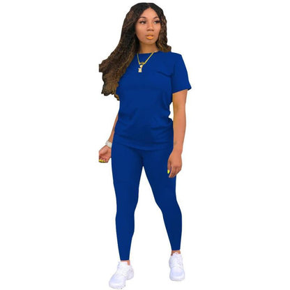 Conjunto de dos piezas de camiseta y pantalón de manga corta para mujer, informal, de color liso
