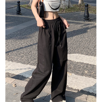 Women Fashion Casual Loose Elastic High Waist Straight Leg Cargo Pants