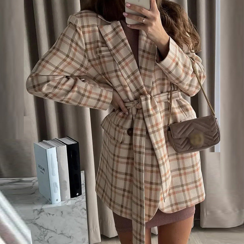 Chaqueta elegante de invierno holgada informal a cuadros con cordones y manga larga para mujer