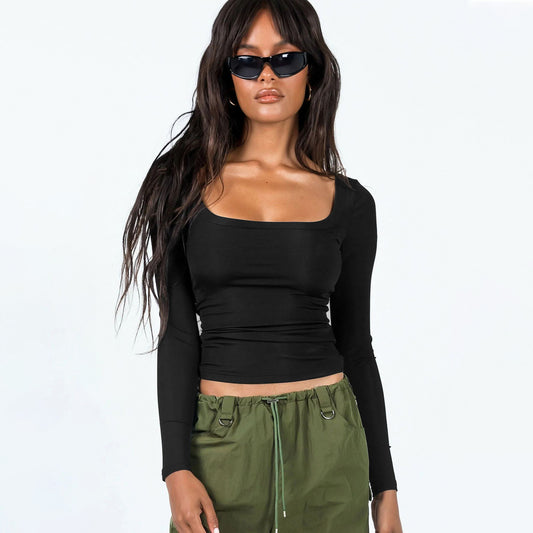 Camiseta de punto informal de manga larga con cuello en U y color liso para mujer