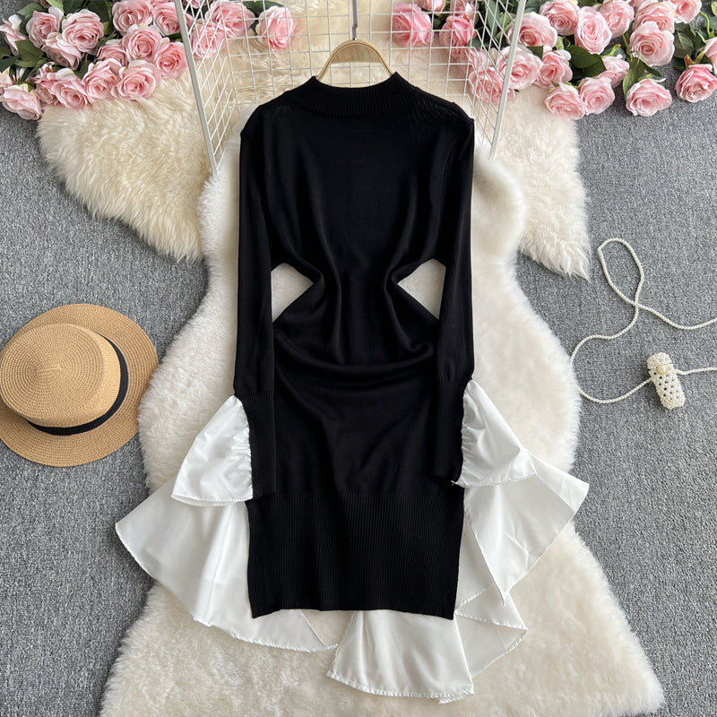 Women Fashion Casual Irregular Stitching Long-Sleeve Knitted Dress