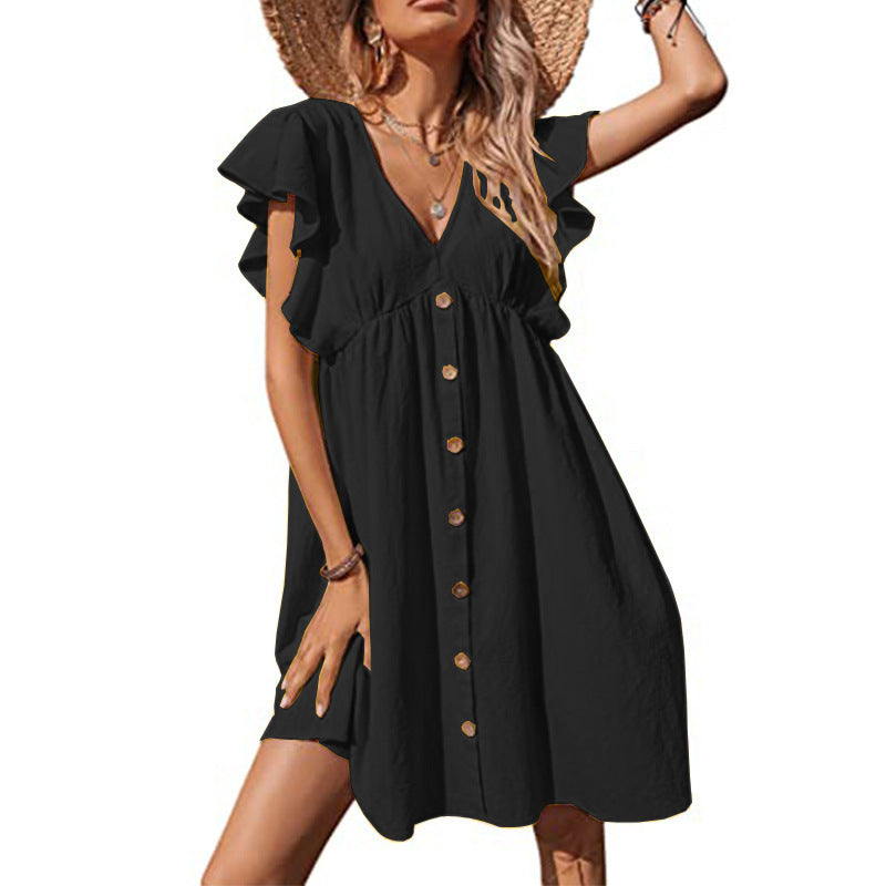 Women Fashion Casual Style Pullover V-Neck Ruffled Sleeve Dress