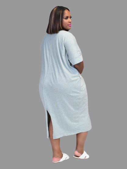 Vestido informal holgado con estampado de letras para mujer, manga corta, cuello redondo y abertura en la espalda
