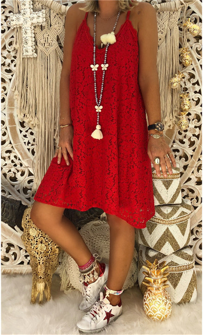 Women Elegant Sexy Solid Color Lace Loose Summer Boho V Neck Casual Slip Dress