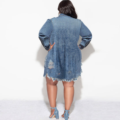 Women Fashion Casual Plus Size Tassel Hole Lapel Long Sleeve Denim Dress