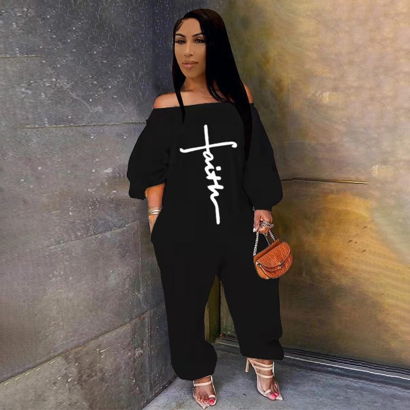 Women'S Fashion Casual Embroidered Off Shoulder Loose Jumpsuit