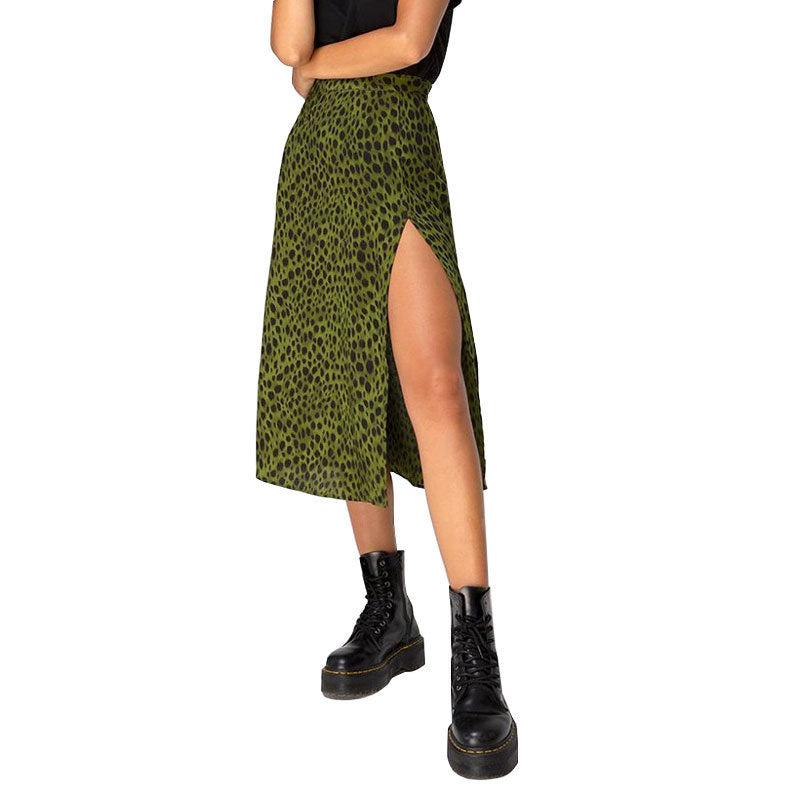 Women Casual Sweet Leopard Flower Printed Summer A-line Side-slit Skirt