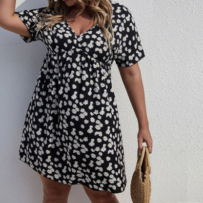Women Fashion Casual Floral Printing V-Neck Short Sleeve Plus Size Dress