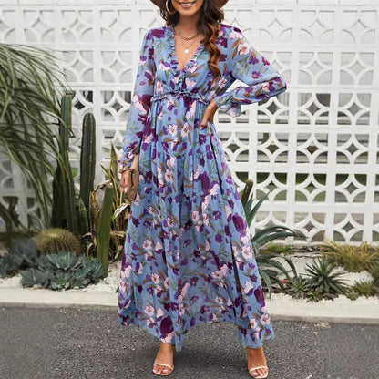 Women Ruffled Layered Long-Sleeve Tiny Flower Pullover V-Neck Casual Maxi Dress