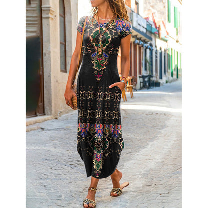 Vestido largo informal de manga corta con cuello redondo y estampado floral geométrico para mujer