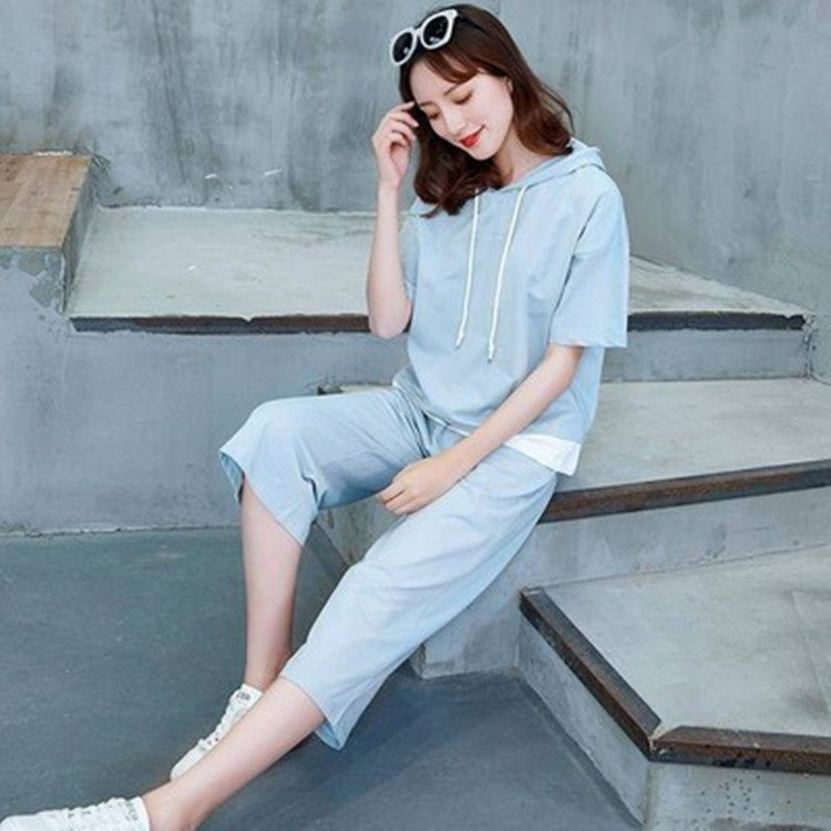 Women Casual Sports Short-Sleeved Hooded Top Pants Two-Piece Set