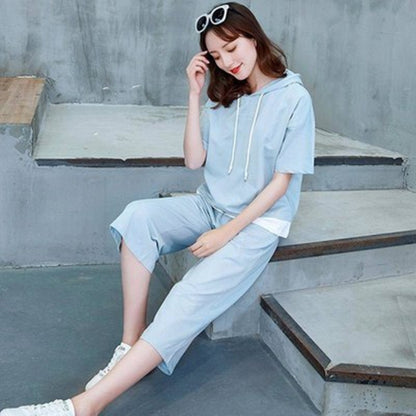 Women Casual Sports Short-Sleeved Hooded Top Pants Two-Piece Set