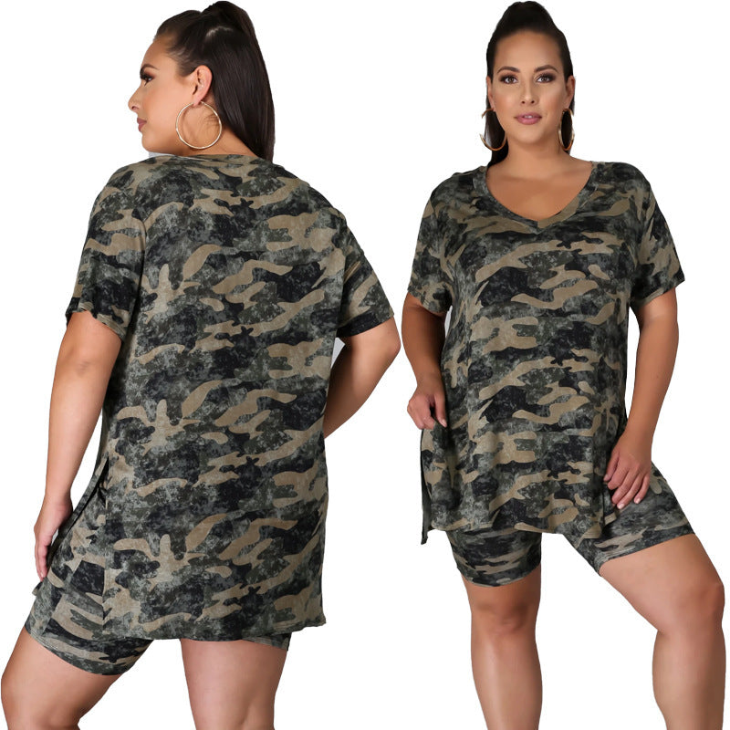 Conjunto de dos piezas de pantalones cortos de camuflaje holgados e informales con estampado de verano de talla grande para mujer