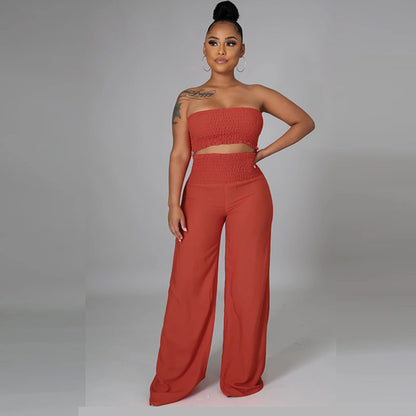 Conjunto de dos piezas para mujer, informal, elegante, de color liso, con top de tubo y pantalones holgados